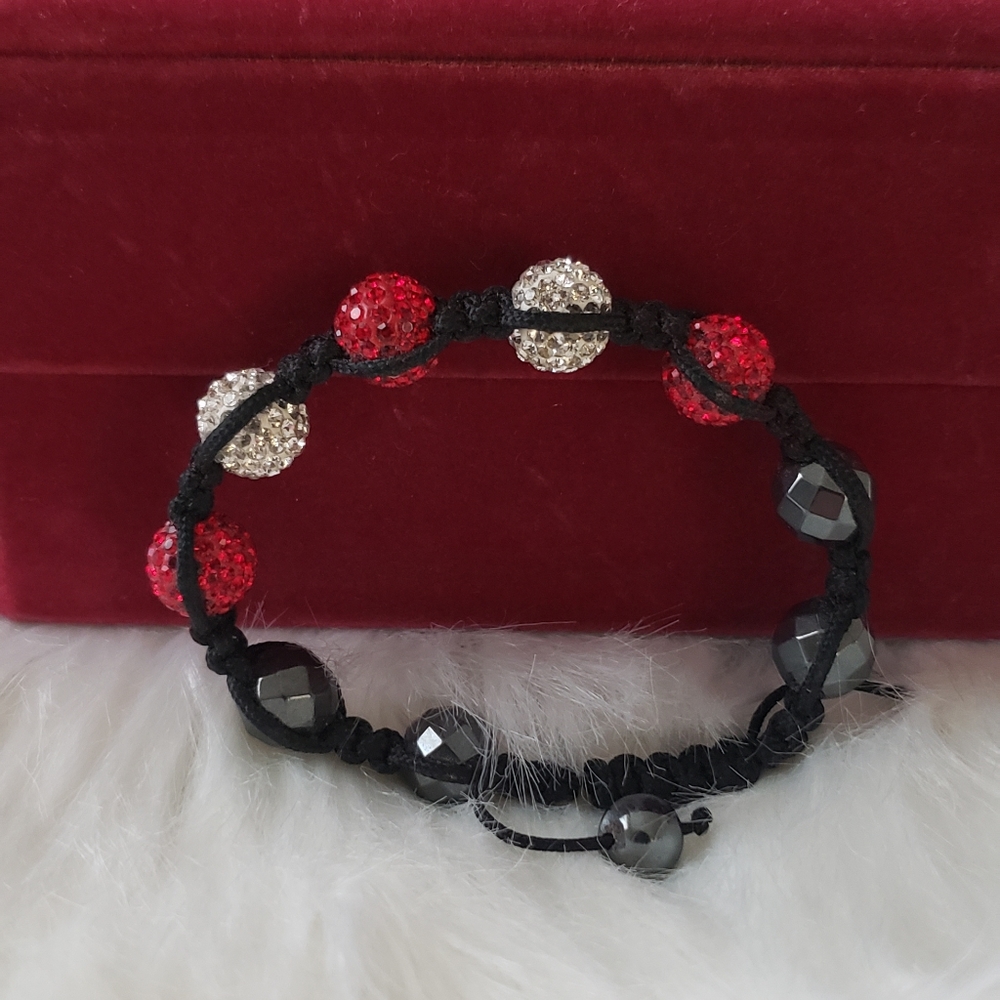 Red/Silver Rhinestone weaved pull string Bracelet - Picture 4 of 4